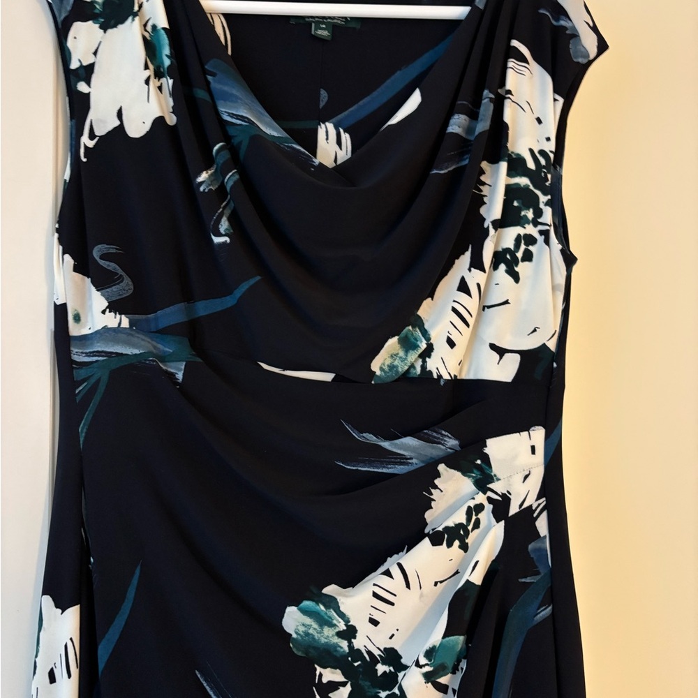 Ralph Lauren Black and Blue flowered dress with drape neckline